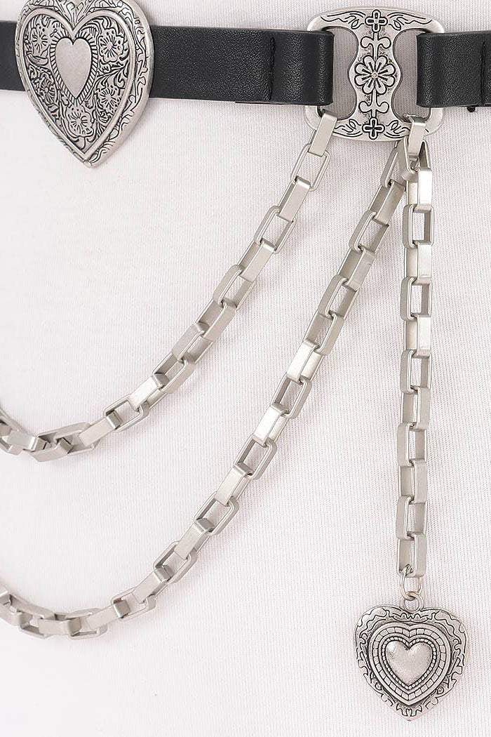 Silver chain belt with heart-shaped clasps on a white background