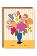 Greeting card with colorful floral design and 'So Very Thankful For You' text on a striped background