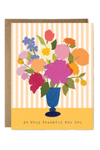 Greeting card with colorful floral design and 'So Very Thankful For You' text on a striped background