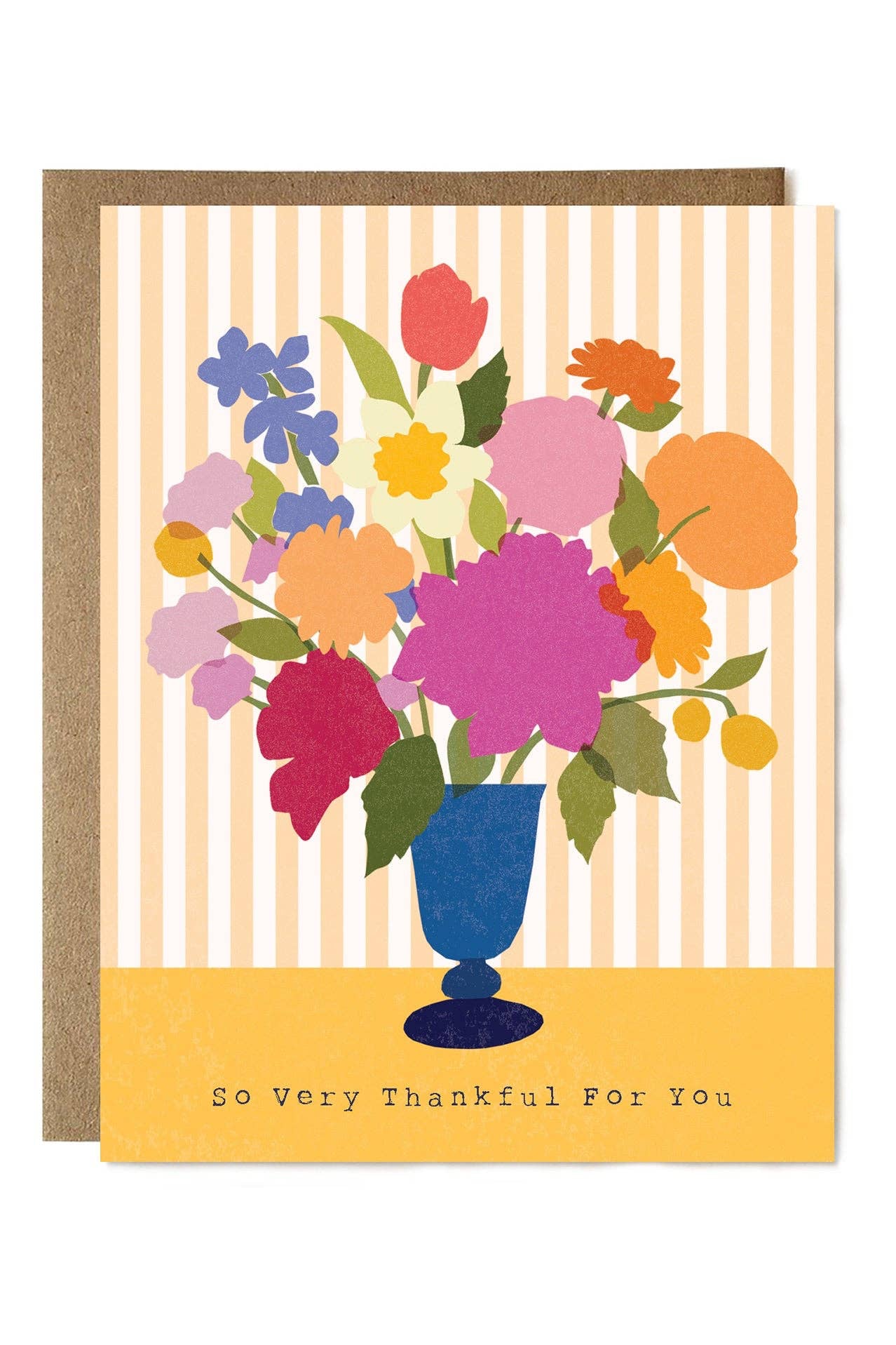 Greeting card with colorful floral design and 'So Very Thankful For You' text on a striped background