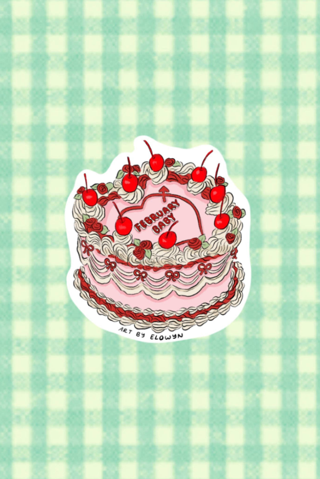 Sticker of a birthday cake with red cherries on a green and white checkered background