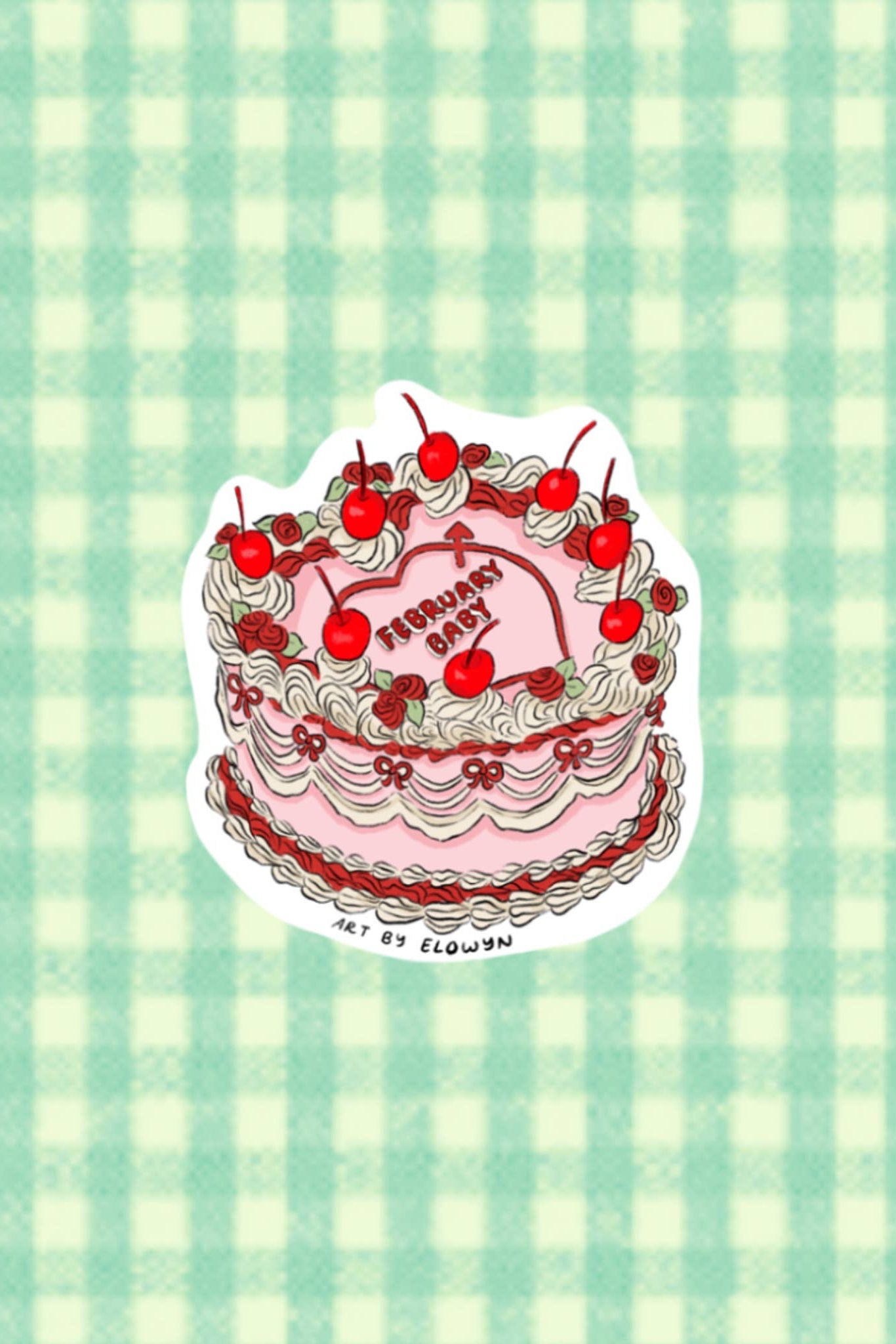 Sticker of a birthday cake with red cherries on a green and white checkered background