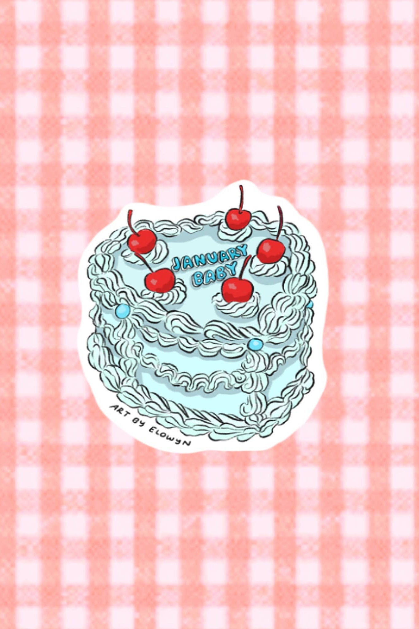 Sticker of a cake with cherries on a pink and white checkered background