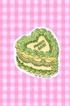 Green layered cake illustration on a pink checkered background