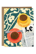 Greeting card with two coffee cups and a spoon on a decorative background