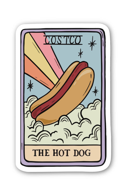 Costco branded tarot card with a hot dog illustration on a white background