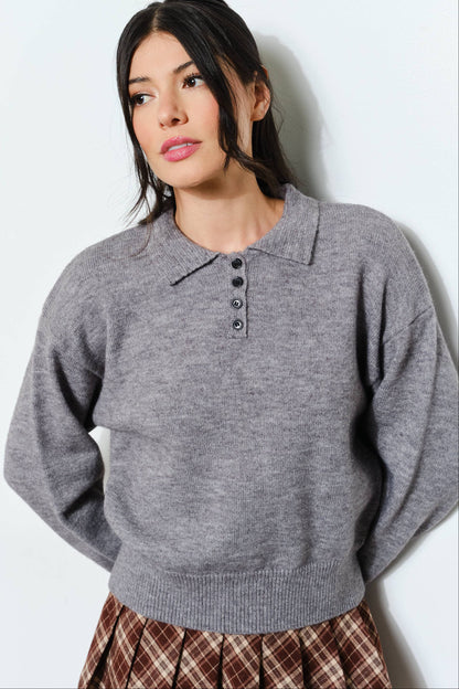 gina knit polo - heather grey