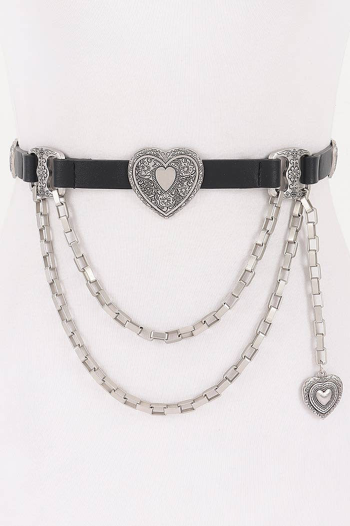 Black belt with silver chain and heart-shaped embellishments on a white background
