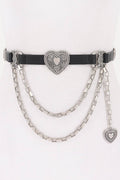 Black belt with silver chain and heart-shaped embellishments on a white background