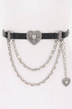 Black belt with silver chain and heart-shaped embellishments on a white background