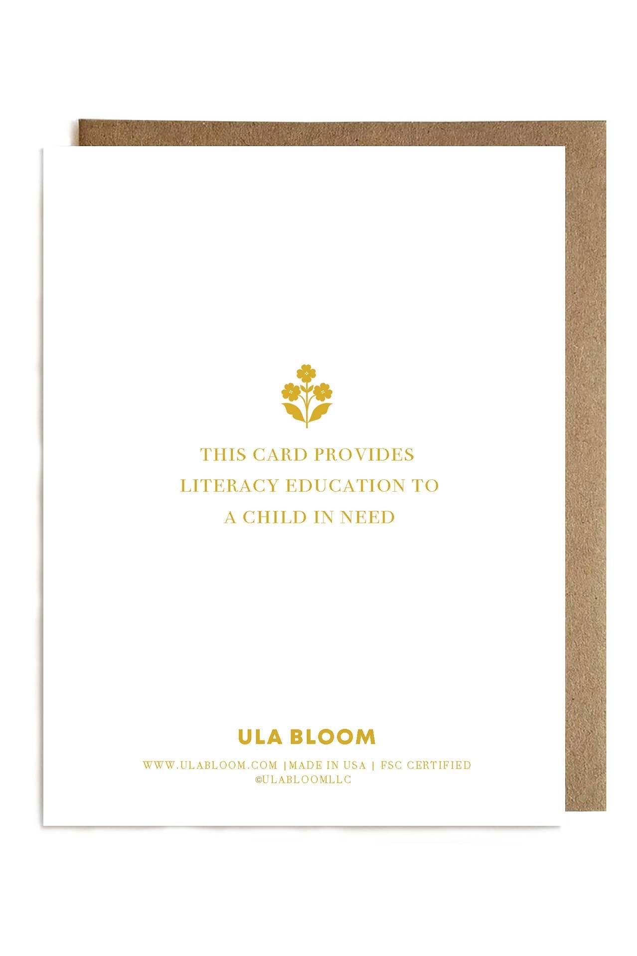 Ula Bloom card with gold text and logo on a white background