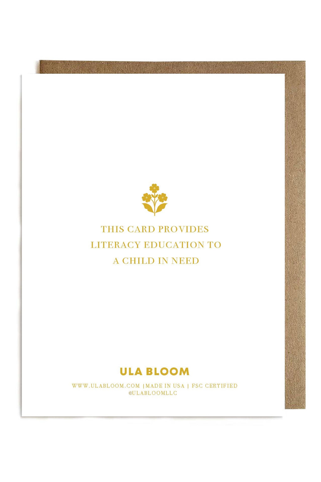 Ula Bloom card with gold text and logo on a white background