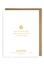 Ula Bloom card with gold text and logo on a white background
