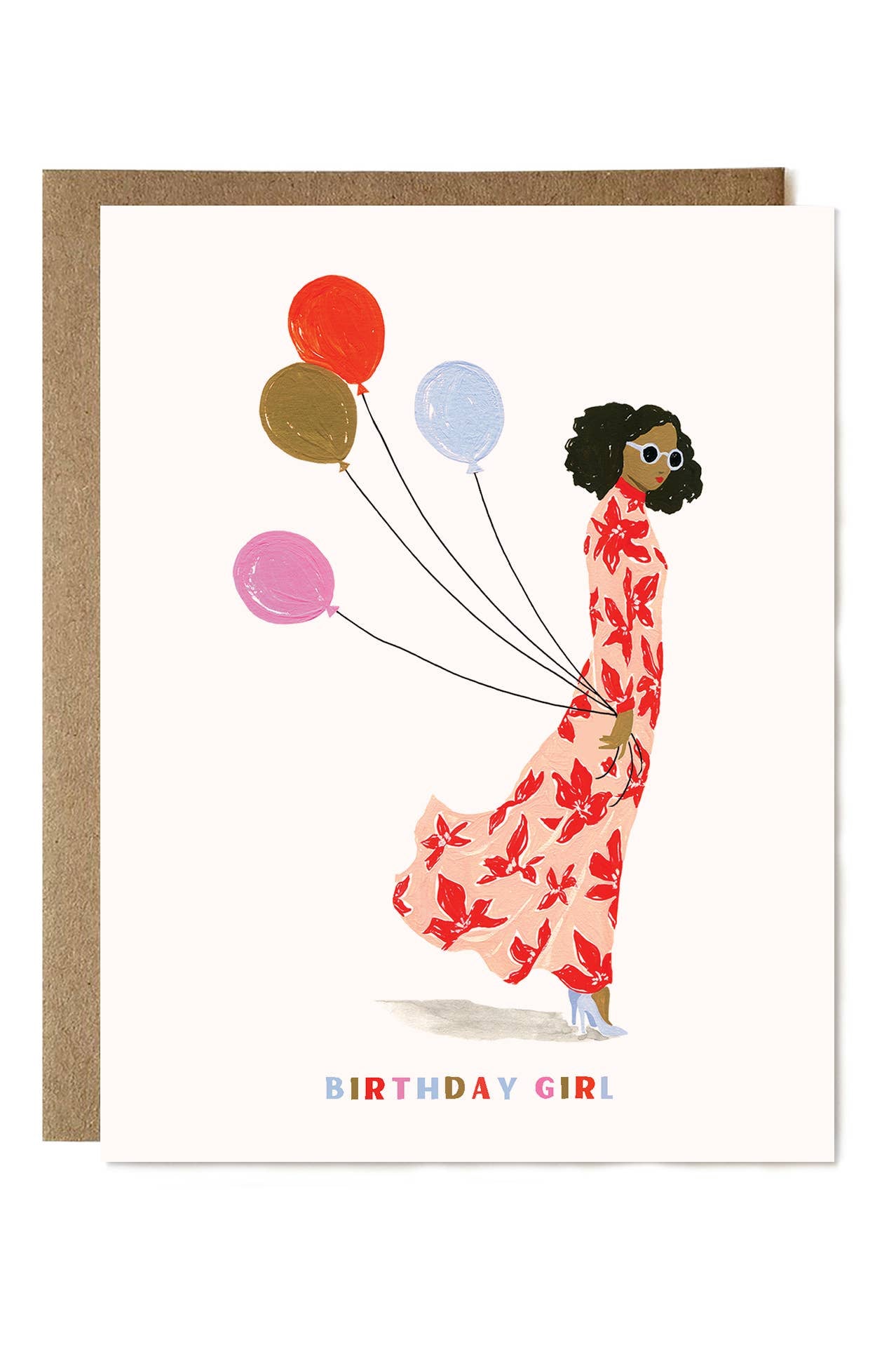 Greeting card with illustration of a woman in a floral dress holding balloons and 'Birthday Girl' text.