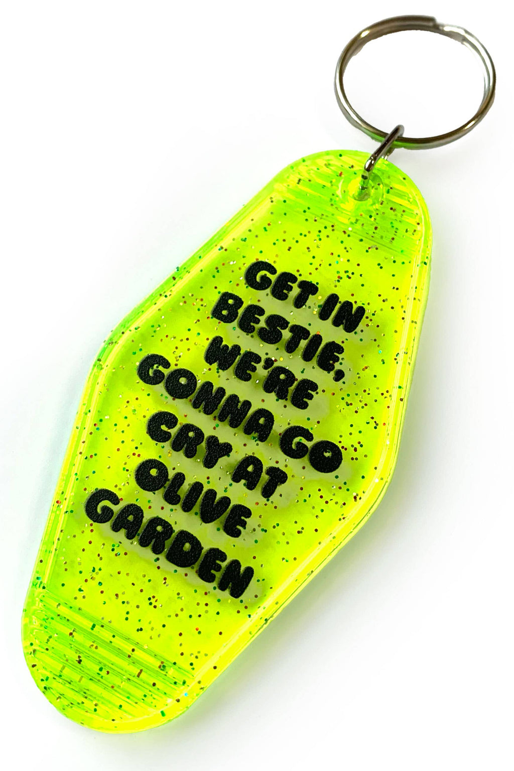 Yellow keychain with black text on a white background