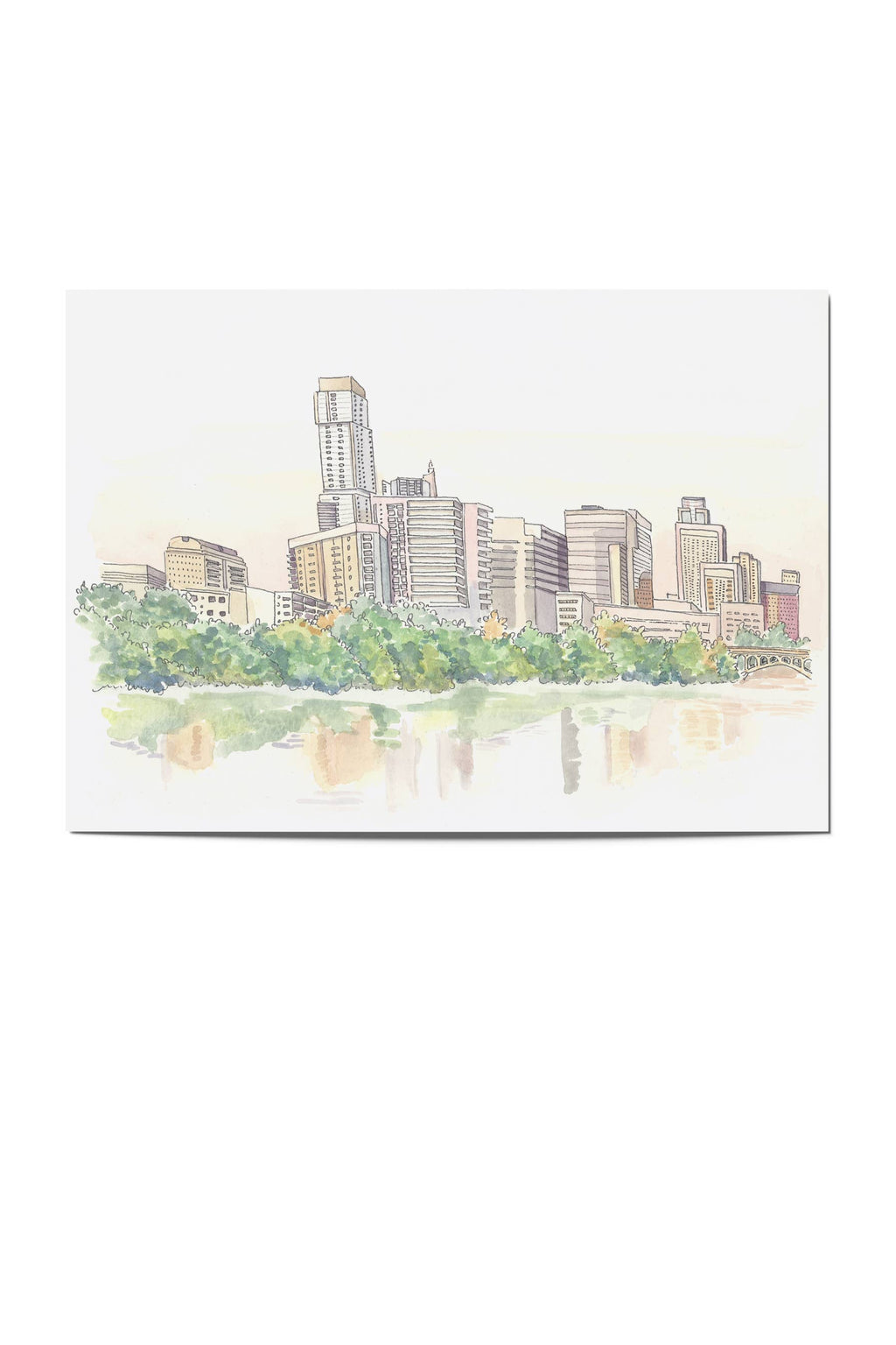 City skyline with buildings and greenery reflected in water on a white background
