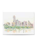 City skyline with buildings and greenery reflected in water on a white background