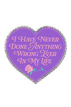 Purple heart-shaped sticker with text and a pink rose on a white background