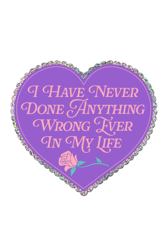 Purple heart-shaped sticker with text and a pink rose on a white background