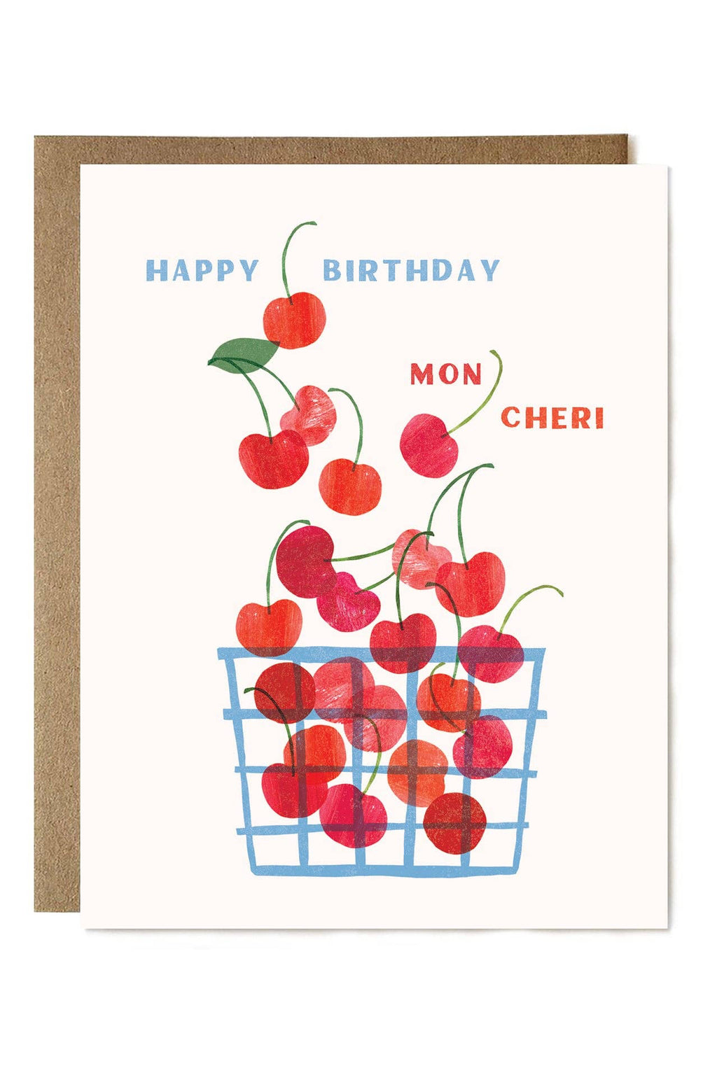 Birthday card with cherries and 'Happy Birthday Mon Cheri' text on a white background