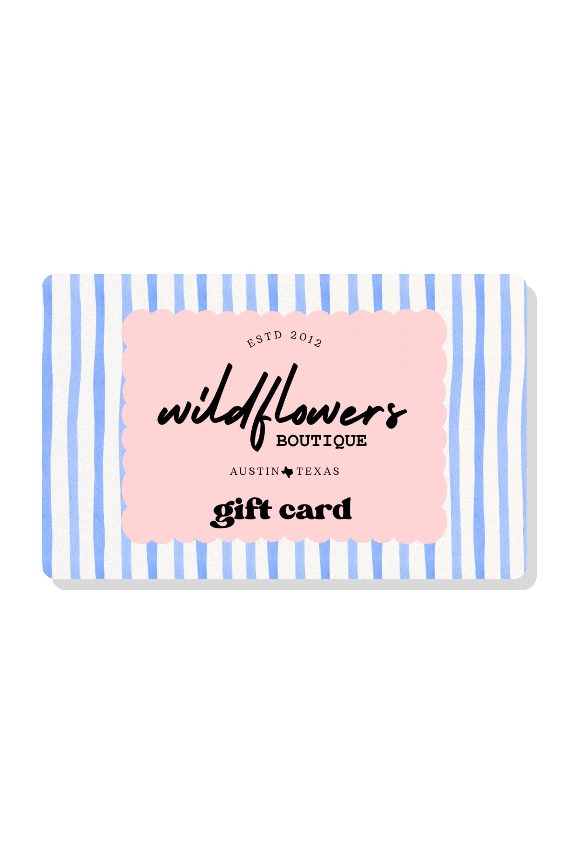 Gift card with 'wildflowers boutique' branding on a striped background