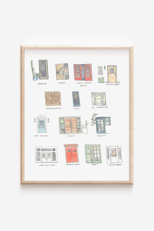 Framed artwork of various door illustrations on a white background
