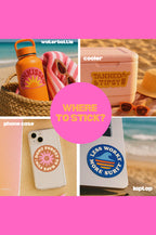 Collection of beach-themed products with text overlay on a pink background